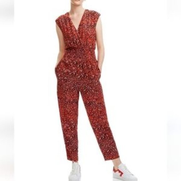 MAJE Red Smocked PIOMA Leopard Print Jumpsuit sz 38 US 6 - Picture 2 of 9